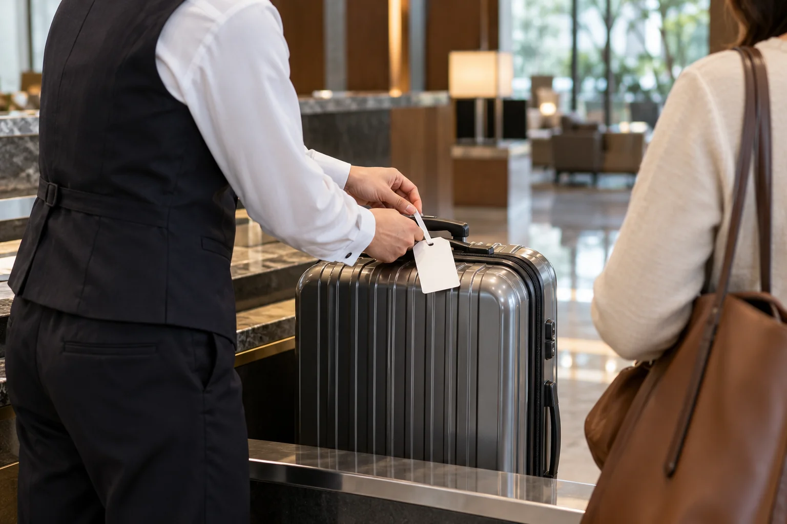 Hotel employee attaching a blank claim tag to a suitcase at a luggage counter