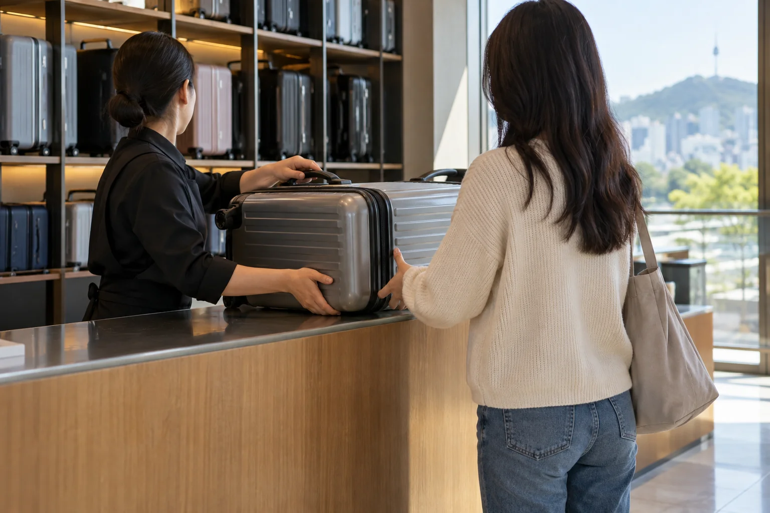 Traveler collecting a suitcase from a staffed storage counter in Seoul