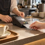 A traveler inserting an unbranded bank card into a cafe payment terminal, hands only