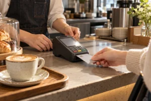 A traveler inserting an unbranded bank card into a cafe payment terminal, hands only