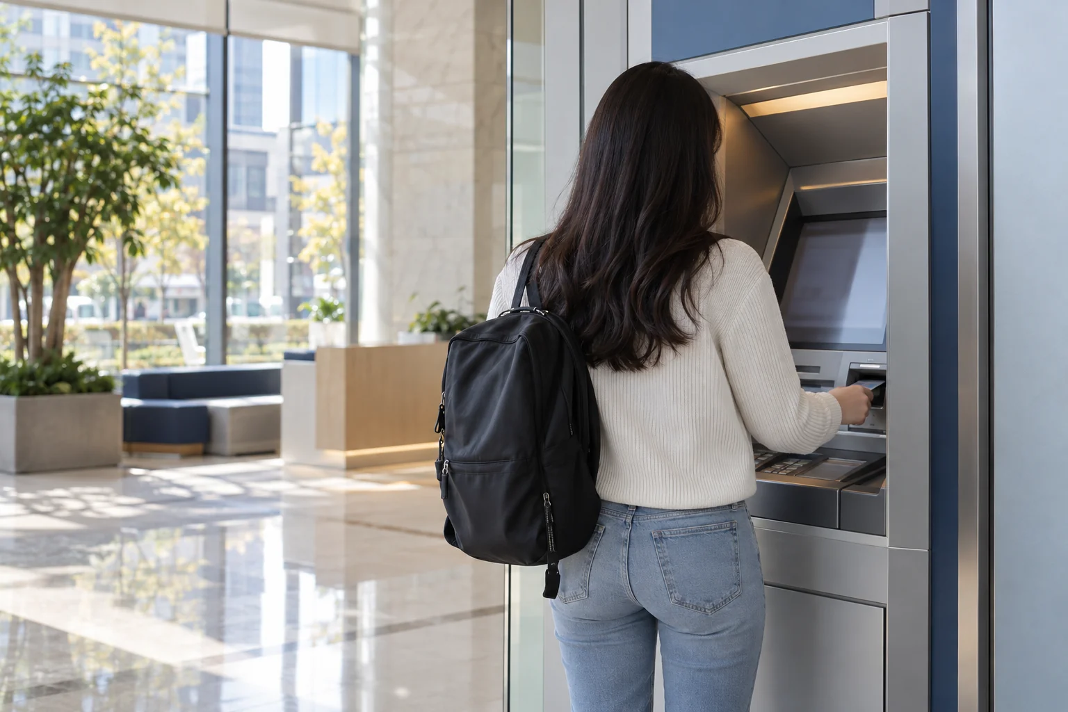 A traveler using an ATM in a bright bank lobby, viewed from behind with the display unreadable