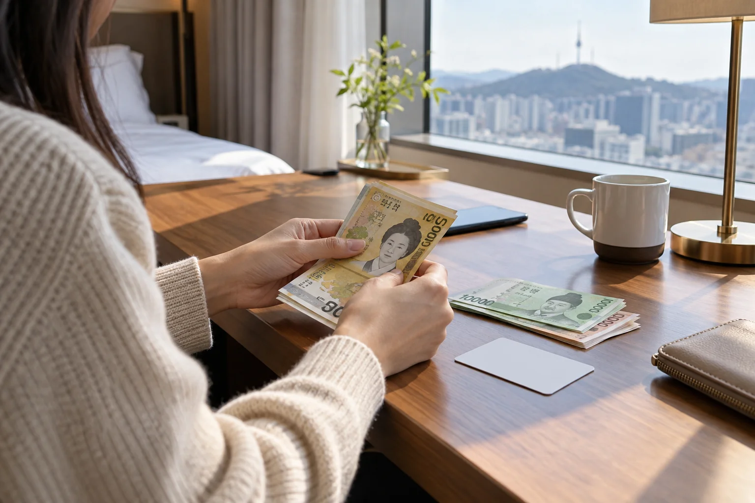 Hands organizing Korean banknotes and a plain card on a hotel desk, no private information