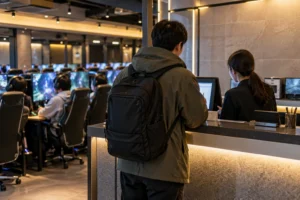 Adult visitor asking staff at a Korean gaming cafe reception, seen from behind