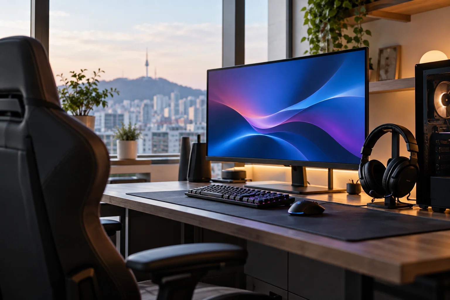 Unoccupied gaming computer desk with headset and abstract screen, no game logos