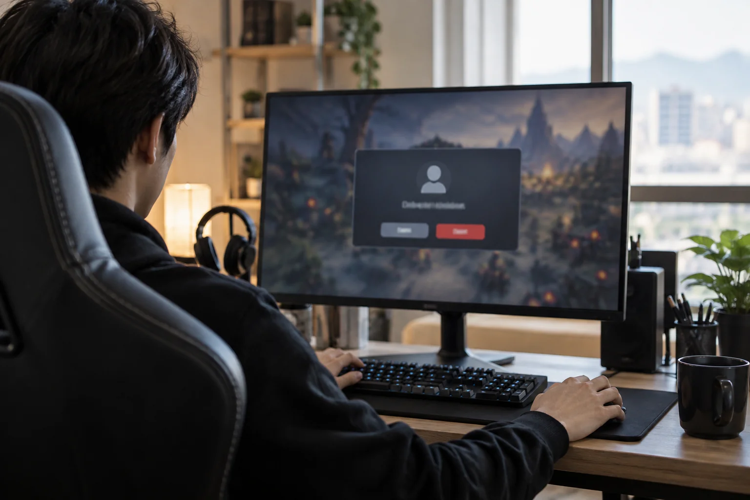 Hands checking a generic logout screen at a gaming computer, text unreadable