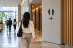 A traveler following a simple generic restroom icon in a Seoul public building, viewed from behind