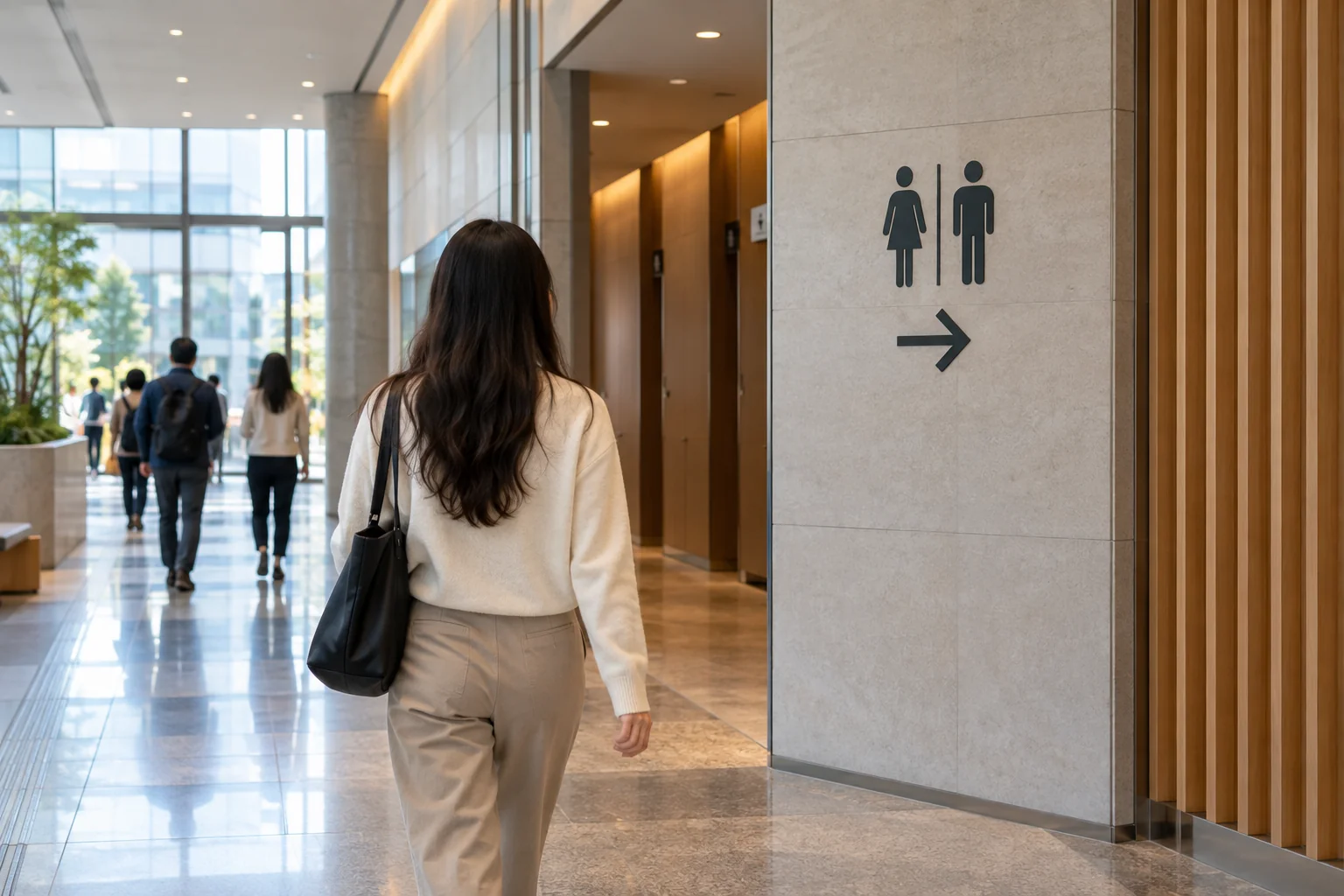 A traveler following a simple generic restroom icon in a Seoul public building, viewed from behind