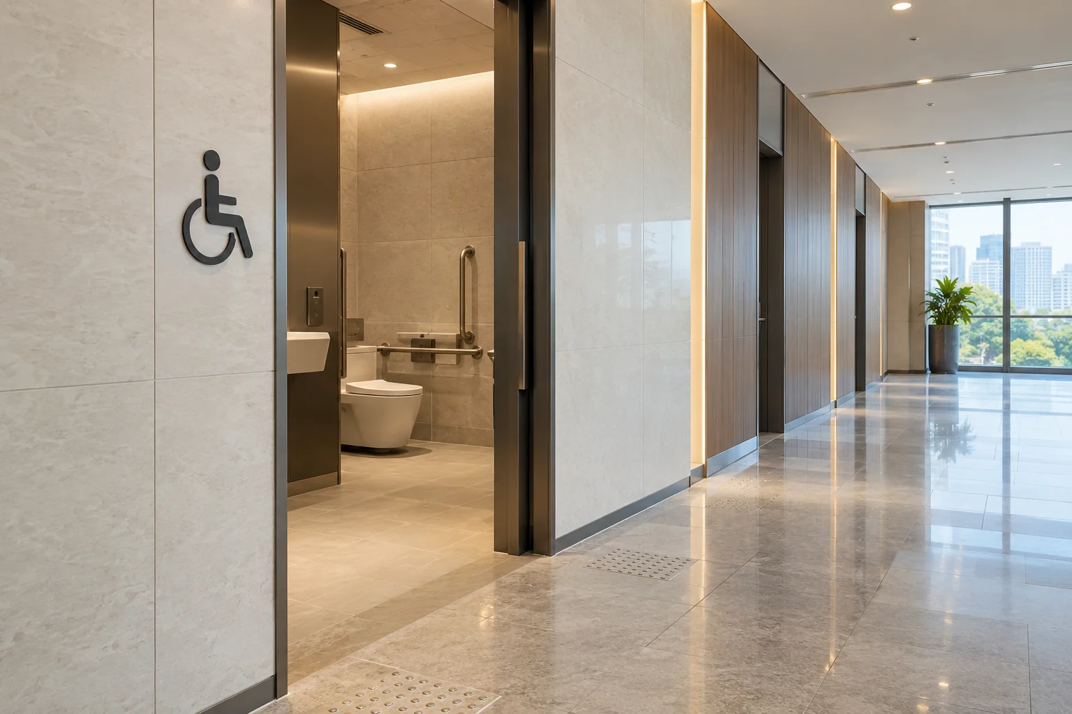 An empty clean restroom corridor with a generic accessible restroom symbol, no occupants