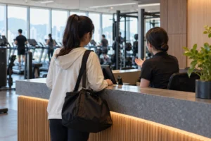 Traveler asking a gym receptionist about a day pass, viewed from behind