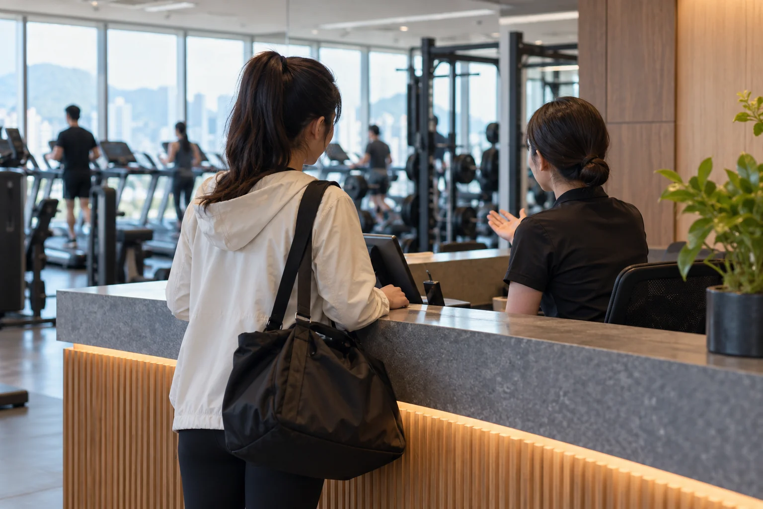 Traveler asking a gym receptionist about a day pass, viewed from behind