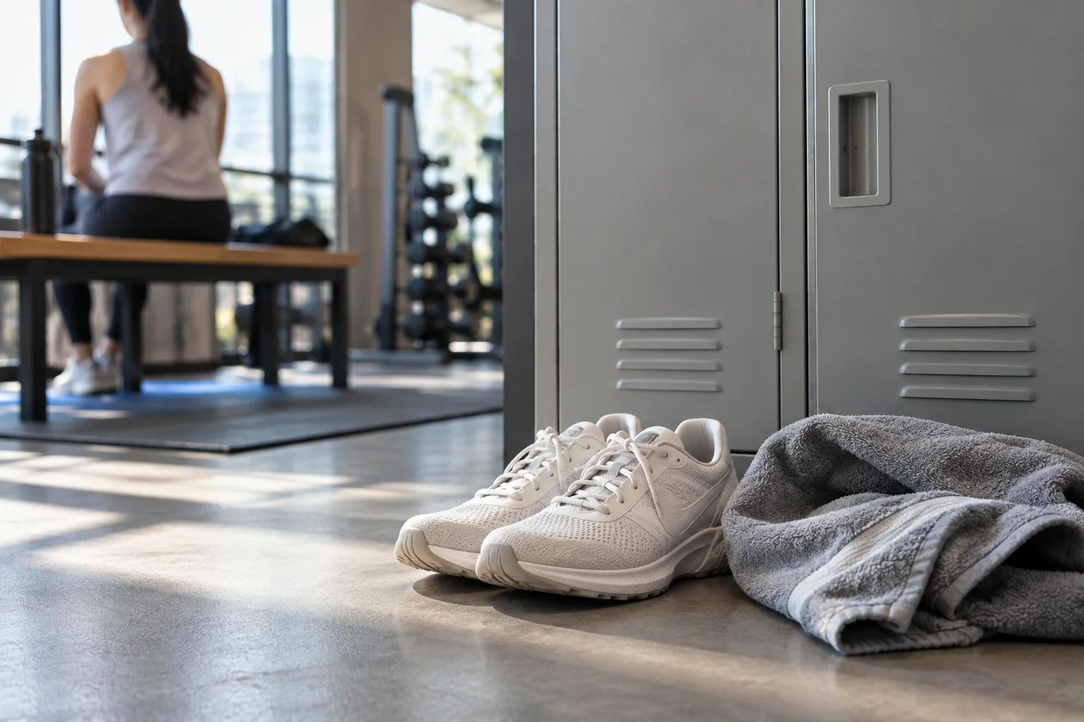 Clean indoor training shoes and a towel placed beside a closed gym locker