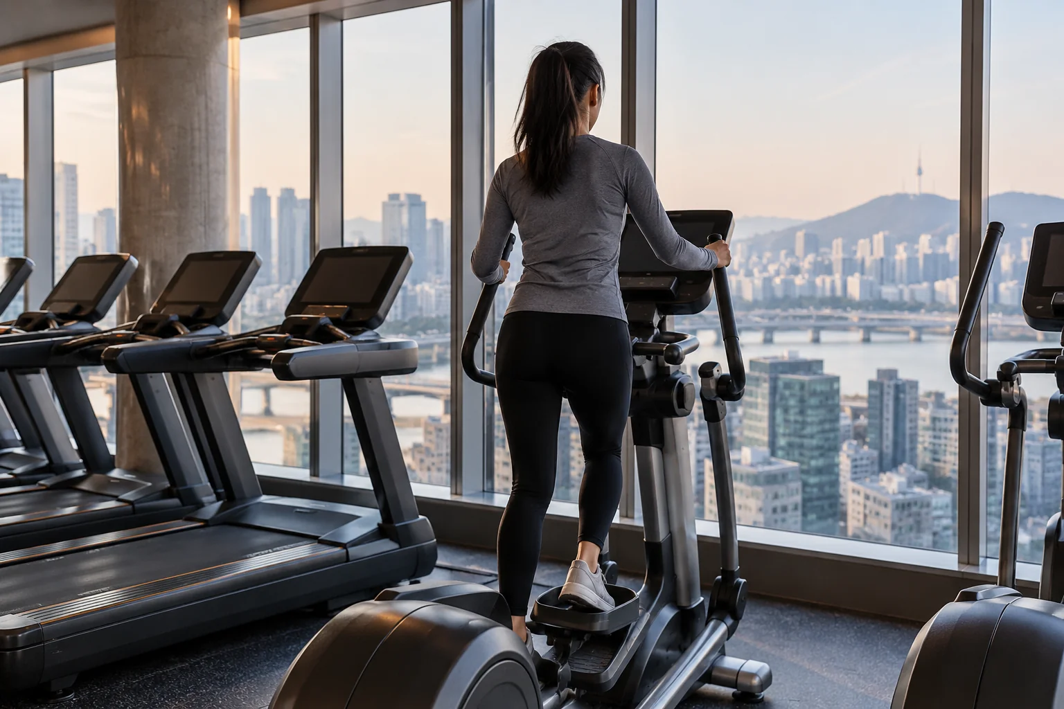 Fully clothed adult using a gym cardio machine in a modern Seoul fitness center, viewed from behind